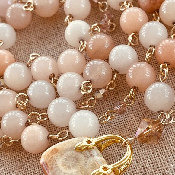 Gemstone Necklace, Peach Aventurine, Fossilized Coral Pendant, Swarovski Crystal - Picture 3 of 7